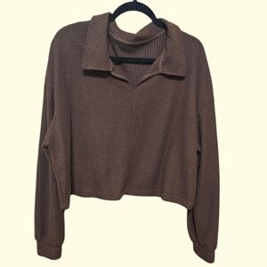 Brown Collared Women's Sweater Croped